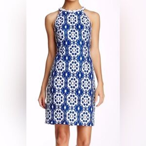 Nine West Royal Blue Embroidered Medallion Dress 14 Beaded Neckline Lined